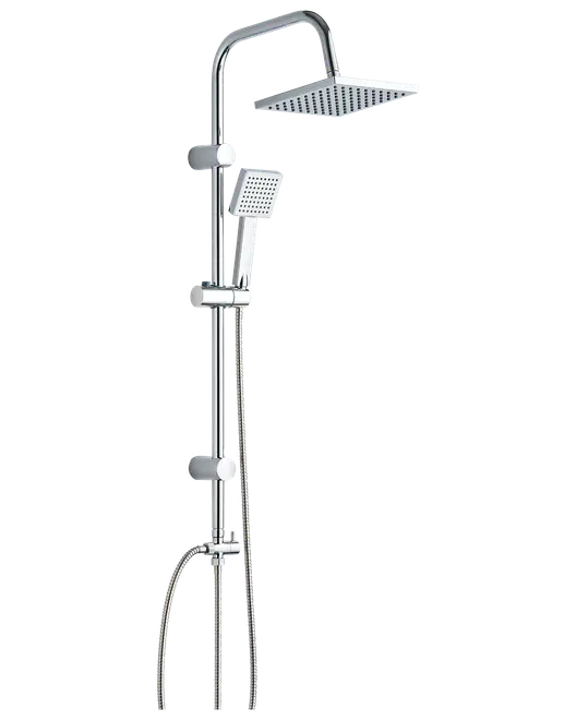 Moderne brusesystem i krom med firkantet hovedbruser, justerbart håndbruserhoved, lodret stang, fleksibel slange og integreret vandkontrolventil.