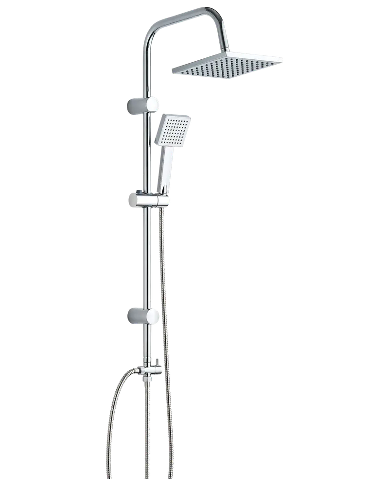 Modernt duschsystem i krom med fyrkantigt takduschhuvud, justerbart handduschmunstycke, vertikal stång, flexibel slang och inbyggd vattenreglage.