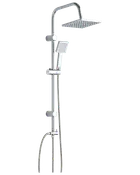 Modernt duschsystem i krom med fyrkantigt takduschhuvud, justerbart handduschmunstycke, vertikal stång, flexibel slang och inbyggd vattenreglage.