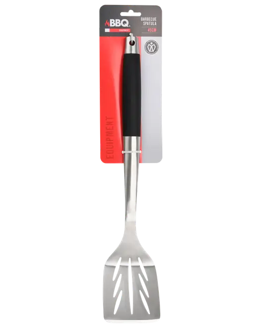 45 cm grillspade i rostfritt stål med svart handtag, förpackad på hängkort.