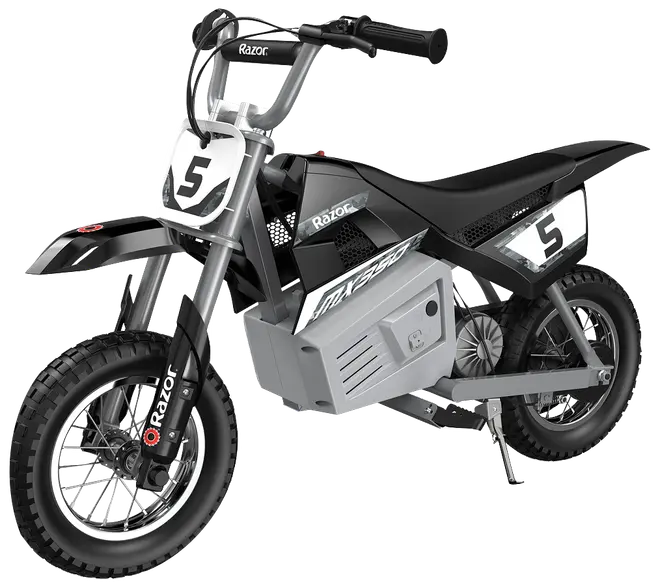 Elektrisk mini-crossmotorcykel med sort og sølv stel, nummer 5 mærker, grove dæk og Razor-logo. Har polstret sæde, solide styr og realistisk motocross-design.