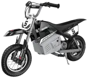 Elektrisk mini-crossmotorcykel med sort og sølv stel, nummer 5 mærker, grove dæk og Razor-logo. Har polstret sæde, solide styr og realistisk motocross-design.