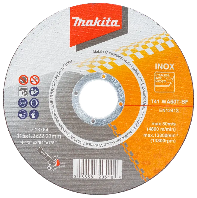 Makita skärskiva för rostfritt stål, 115x1,2x22,23mm, för vinkelslip. Maxhastighet 13 300 varv/min. Säkerhetssymboler och produktspecifikationer på etiketten.