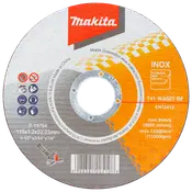 Makita skæreskive til rustfrit stål, 115x1,2x22,23mm, til vinkelsliber. Maksimal hastighed 13.300 omdr./min. Med sikkerhedspiktogrammer og produktspecifikationer på etiketten.