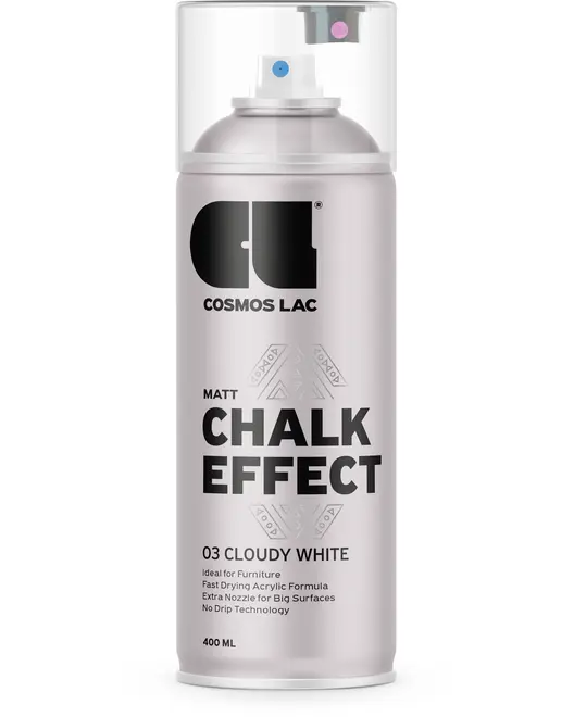 400 ml spraydåse med Cosmos Lac Matt Chalk Effect maling i Cloudy White. Hurtigtørrende akrylformel, ekstra dyse til store flader, drypfri teknologi. Ideel til møbler.