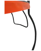 Närbild av orange skyddskant till studsmatta som täcker fjädrarna, med svarta böjda metallben synliga under för stabilitet.