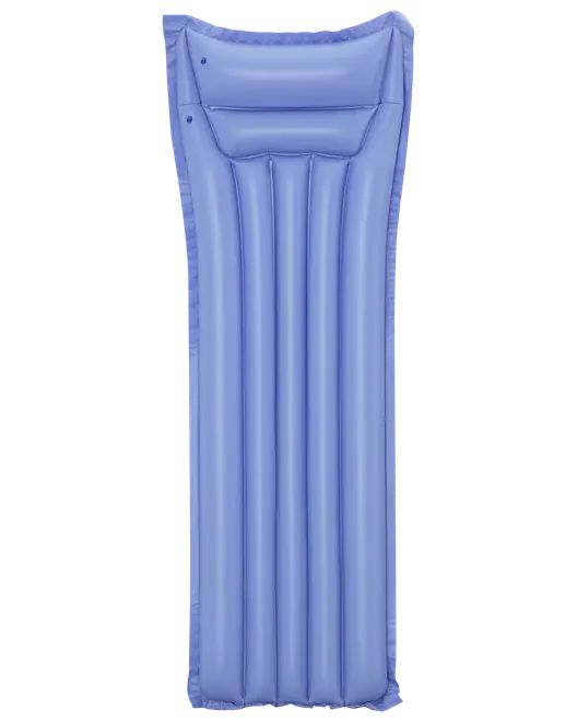 Blå uppblåsbar poolmadrass med inbyggd kudde, vertikala luftkammare för stöd och slitstarkt vinylmaterial. Passar för en person.