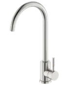 Moderne køkkenarmatur i rustfrit stål med høj buet tud og enkelt sidehåndtag. Elegant, børstet finish, der passer til nutidige køkkener. Nem at betjene og rengøre.