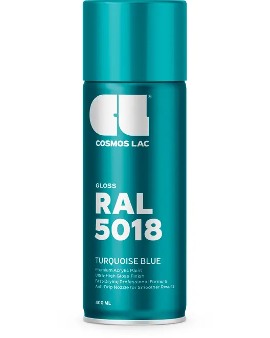 400 ml spraydåse med Cosmos Lac blank akrylmaling, RAL 5018 turkisblå, ultra-højglans finish og anti-dryp dyse for jævne, professionelle resultater.