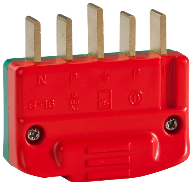 Rød 5-polet industristikprop, 16A 240V, med metalben og skrueforbindelser. Velegnet til kraftige elektriske forbindelser i erhverv eller industri.