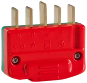 Rød 5-polet industristikprop, 16A 240V, med metalben og skrueforbindelser. Velegnet til kraftige elektriske forbindelser i erhverv eller industri.