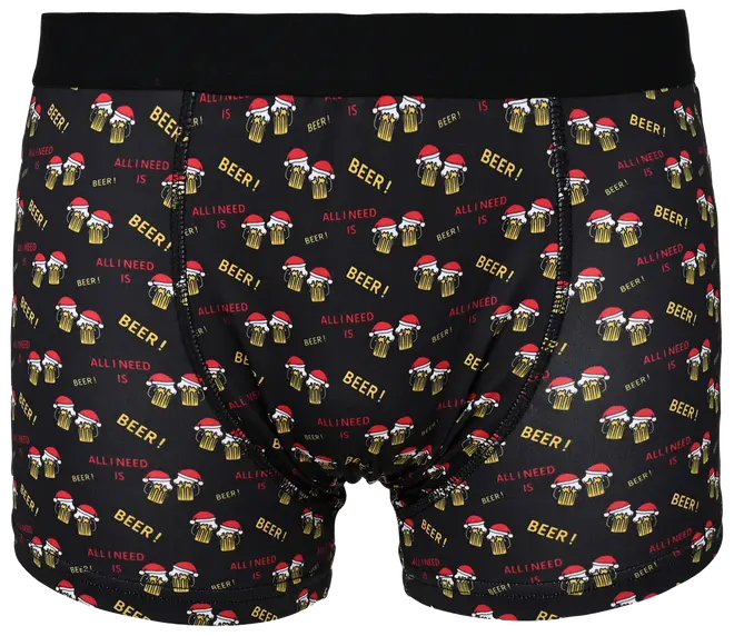 Sorte novelty-boxers med bred linning og overalt-tryk af ølkrus med nissehuer samt teksten “All I Need Is Beer!”.