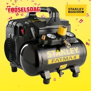Stanley Fatmax bærbar kompressor, sort med gule detaljer, to trykmålere, stort håndtag og solide fødder. Kompakt design, velegnet til forskellige trykluftsopgaver.