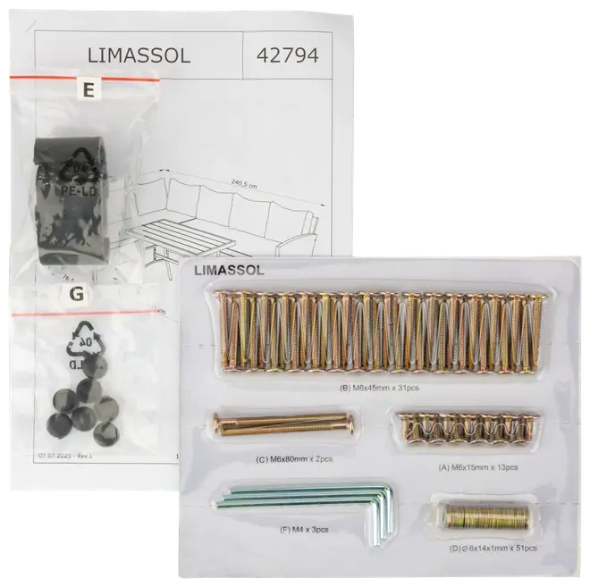 Monteringssats för Limassol möbler, innehåller skruvar, bultar, insexnycklar, plastlock och manual. Alla delar är organiserade och märkta för enkel montering.