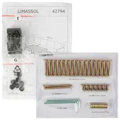 Monteringssats för Limassol möbler, innehåller skruvar, bultar, insexnycklar, plastlock och manual. Alla delar är organiserade och märkta för enkel montering.