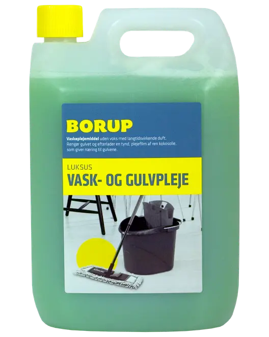 Borup luksus vask- og gulvpleje i 5-liters grøn plastdunk med gul låg, egnet til rengøring og pleje af gulve, efterlader nærende kokosolie-film.