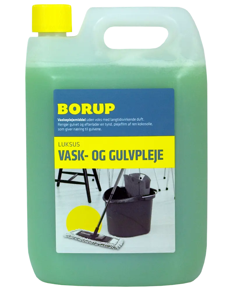 Borup luksus vask- og gulvpleje i 5-liters grøn plastdunk med gul låg, egnet til rengøring og pleje af gulve, efterlader nærende kokosolie-film.