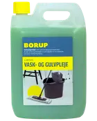 Borup luksus vask- og gulvpleje i 5-liters grøn plastdunk med gul låg, egnet til rengøring og pleje af gulve, efterlader nærende kokosolie-film.