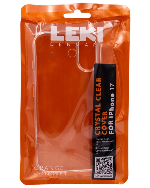 Gennemsigtigt plastikcover til iPhone 17, pakket i orange pose med branding og produktinformation. Transparent design viser telefonens detaljer og beskytter mod ridser og mindre stød.