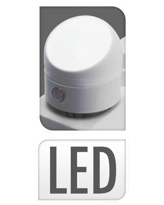 Vit LED-lampa med rund topp, kompakt design och liten knapp på sidan. Passar för inomhusbruk, ger energieffektiv belysning.