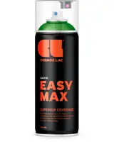 Sort 400 ml spraydåse med orange tekst, mærket 'Cosmos Lac Easy Max Satin'. Har gennemsigtigt plastlåg og lover overlegen dækning og drypfri teknologi.