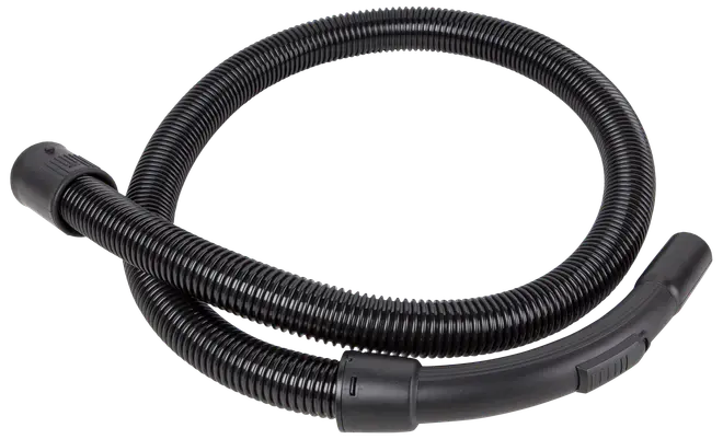 Fleksibel sort støvsugerslange med rillet overflade, plastforbindelser i begge ender og buet håndtag for nem montering og brug. Passer til de fleste standardstøvsugere.