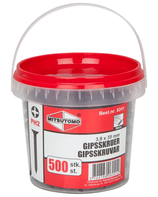 Plastbøtte med rødt låg indeholder 500 Mitsutomo gips skruer, 3,9 x 35 mm, PH2 hoved, egnet til metal, mærket på flere sprog.