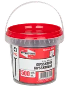 Plasthink med rött lock innehåller 500 Mitsutomo gipsskruvar, 3,9 x 35 mm, PH2 huvud, lämplig för metall, etiketterad på flera språk.