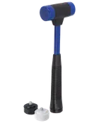 Gummihammer med blåt skaft, sort greb og udskiftelige sorte og hvide slagflader. Leveres med to ekstra udskiftelige hoveder til forskellige overflader.