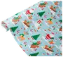 Ljusblått julklappspapper med tomte, renar, snögubbar, pingviner, björnar, rävar, julgranar och paket i färgglad tecknad stil. På rulle.