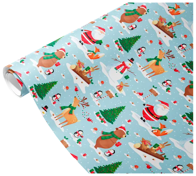 Ljusblått julklappspapper med tomte, renar, snögubbar, pingviner, björnar, rävar, julgranar och paket i färgglad tecknad stil. På rulle.
