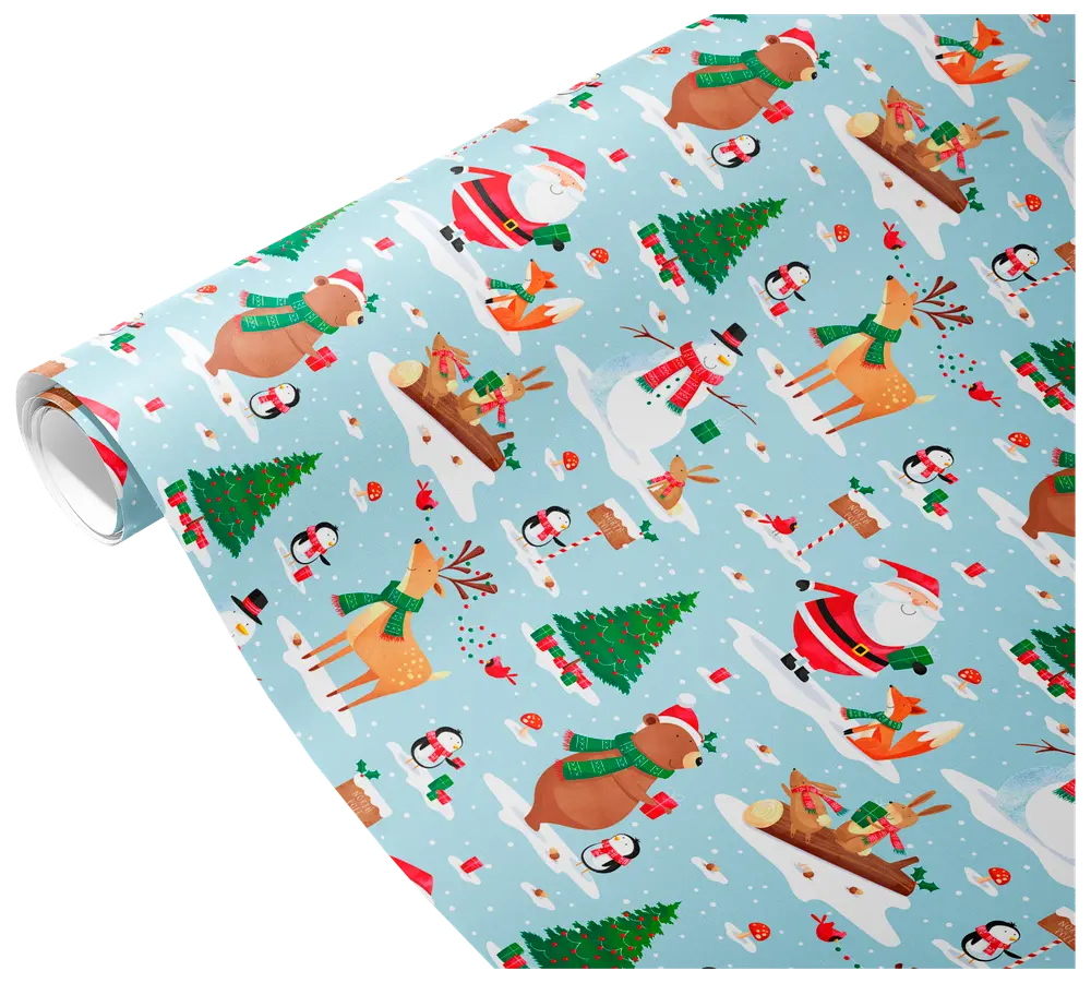 Lyseblåt julegavepapir med julemand, rensdyr, snemænd, pingviner, bjørne, ræve, juletræer og gaver i farverig tegneseriestil. Leveres på rulle.