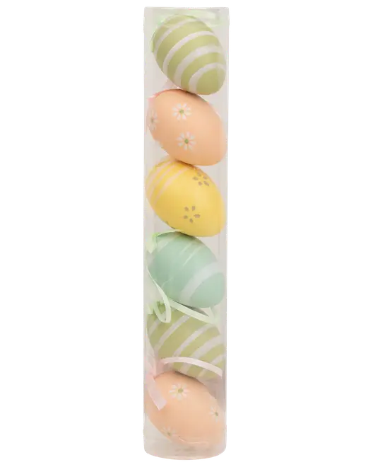 Set med sex dekorativa påskägg i pastellfärger med ränder och blommönster, förpackade i ett genomskinligt plastfodral. Varje ägg har ett band för upphängning.