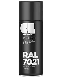 400 ml spraydåse med Cosmoslac premium akrylmaling, RAL 7021 sortgrå farve. Mat sortgrå finish, egnet til forskellige overflader. Nem aerosol emballage.