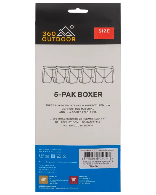 Fem-pak herreboxershorts i blødt bomuldsmateriale med god pasform. Emballagen viser enkle stregtegninger af boxershorts og produktinformation på engelsk og dansk.