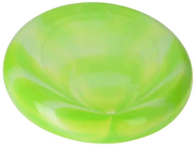 Lys grøn plastik frisbee, rund med let konkav midte, designet til udendørs leg. Let og holdbar, egnet til børn og voksne. Glatte kanter for sikker kastning.