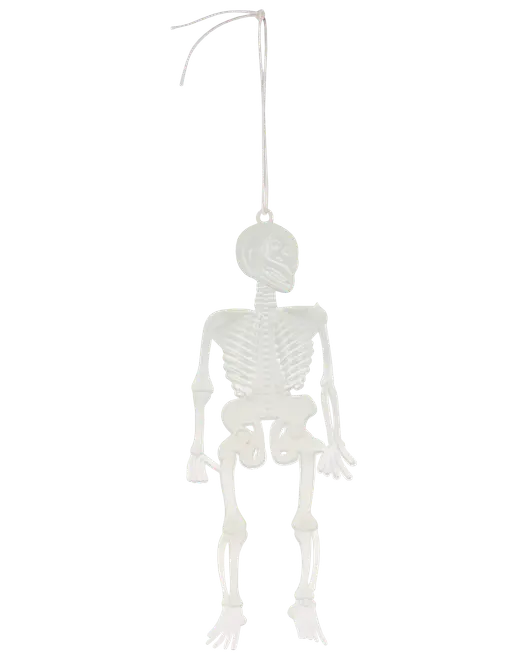 Selvlysende plastik skeletdekoration med bevægelige led og ophængssnor. Perfekt til Halloween eller temafester. Let, fladt design, nem at hænge på vægge eller døre.