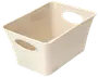 Rektangulær beige plastkurv med afrundede hjørner og to ovale udskårne håndtag på modsatte sider. Glat overflade, ideel til opbevaring af husholdningsartikler eller vasketøj.