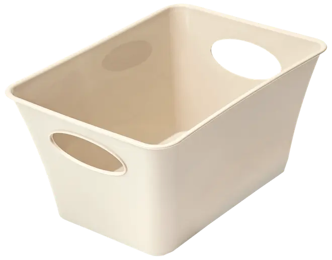 Rektangulær beige plastkurv med afrundede hjørner og to ovale udskårne håndtag på modsatte sider. Glat overflade, ideel til opbevaring af husholdningsartikler eller vasketøj.