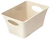 Rektangulær beige plastkurv med afrundede hjørner og to ovale udskårne håndtag på modsatte sider. Glat overflade, ideel til opbevaring af husholdningsartikler eller vasketøj.