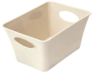 Rektangulær beige plastkurv med afrundede hjørner og to ovale udskårne håndtag på modsatte sider. Glat overflade, ideel til opbevaring af husholdningsartikler eller vasketøj.