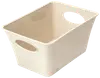 Rektangulær beige plastkurv med afrundede hjørner og to ovale udskårne håndtag på modsatte sider. Glat overflade, ideel til opbevaring af husholdningsartikler eller vasketøj.