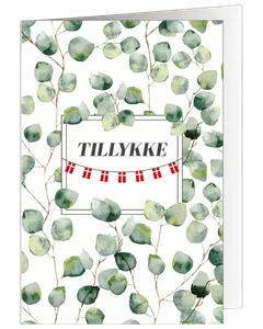 Kort med grønne blade, teksten "TILLYKKE" i midten og en guirlande med små danske flag, velegnet til fejring eller lykønskning.