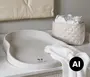Beige baby puslepude med bløde, hævede sider, vist med quiltet opbevaringskurv og foldet hvidt håndklæde. - Billedet er skabt med AI