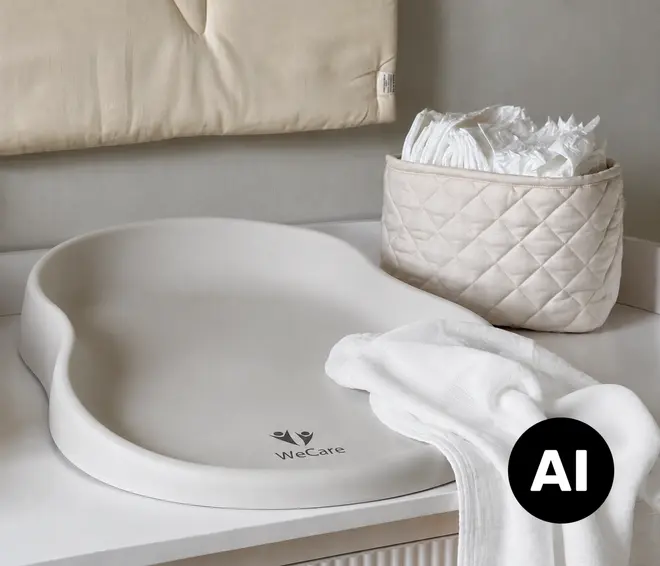Beige baby puslepude med bløde, hævede sider, vist med quiltet opbevaringskurv og foldet hvidt håndklæde. - Billedet er skabt med AI