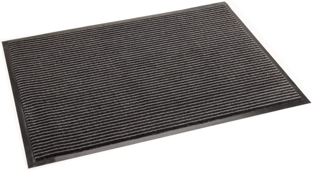 Rektangulær dørmåtte med sorte og grå vandrette striber, tekstureret overflade til at fjerne snavs, skridsikker gummikant. Velegnet til indendørs eller udendørs brug, nem at rengøre.