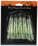 Förpackning med 10 självlysande häxfingrar av grön plast med svarta toppar, perfekta för Halloweenkostymer eller dekorationer. Varje finger har detaljerad, skrämmande design.