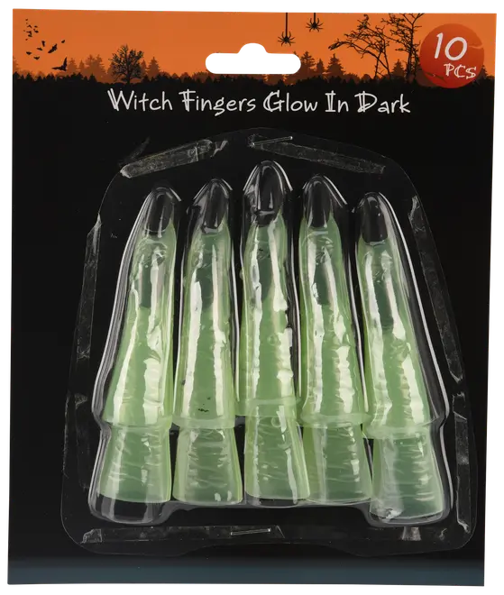 Förpackning med 10 självlysande häxfingrar av grön plast med svarta toppar, perfekta för Halloweenkostymer eller dekorationer. Varje finger har detaljerad, skrämmande design.