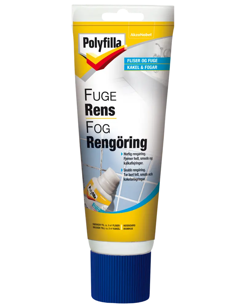 Polyfilla fugerens i en klembar tube med blå låg, til hurtig rengøring af flisefuger, fjerner snavs, pletter og kalk. Velegnet til indendørs brug på fliser og fuger.