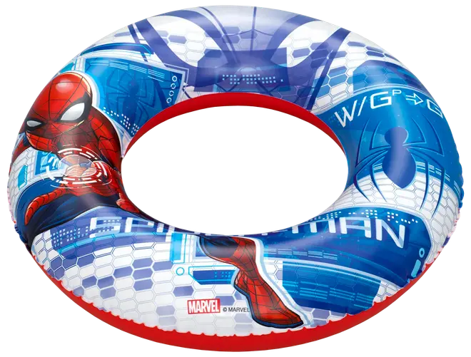 Uppblåsbar badring med färgglad Spider-Man-design, mestadels blå och röd, Marvel-märke. Passar barn, perfekt för pool eller strand. Hållbar, lätt och enkel att blåsa upp.